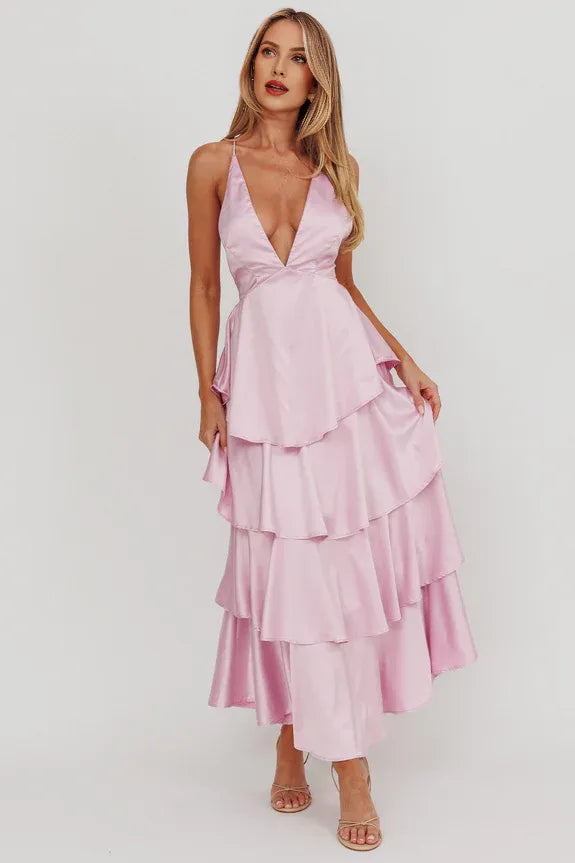Robe Weitese A-line Bretelles spaghetti Col V profond Volants à volants à bretelles Dos ouvert Robe de bal Lilas